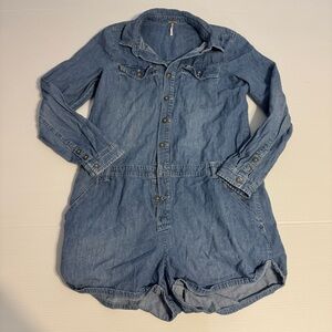 Free People Rivet Blue Denim Jean Chambray Long Sleeve Romper Large
